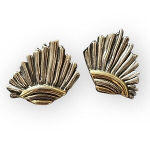 David Varsano Vintage Brutalist Sterling and Brass Fan Shaped Earrings Clip Ons